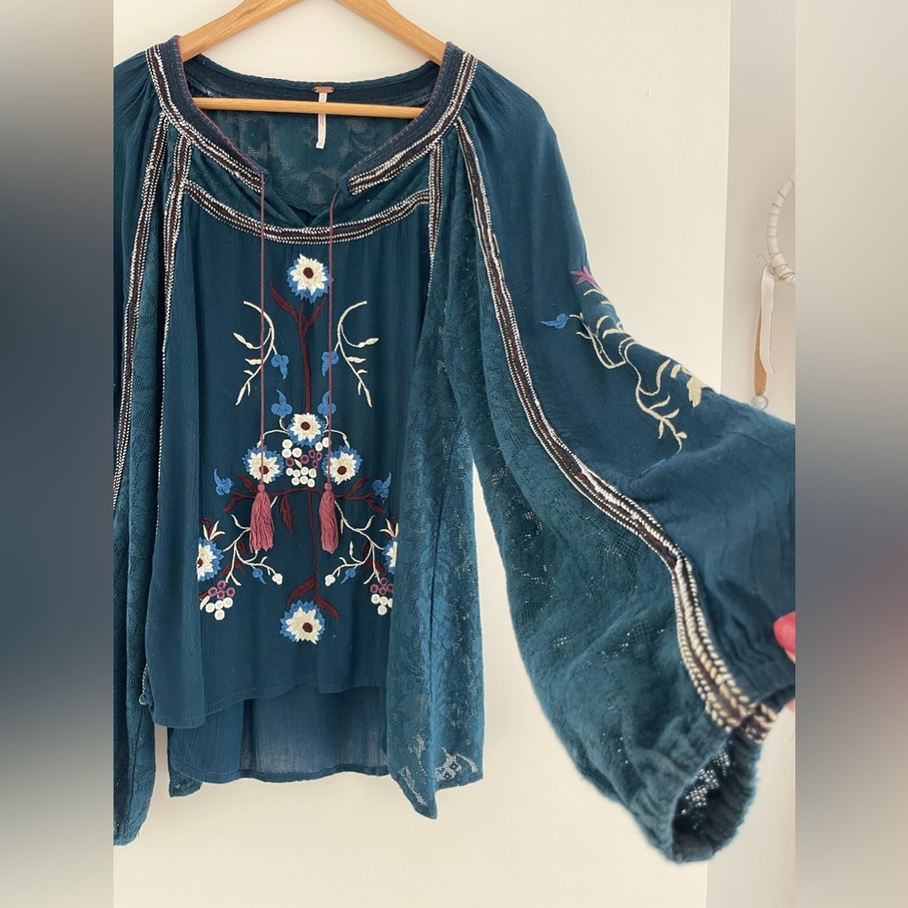 Free People Tiger Lily Peasant Blouse Small Teal Blue 🦚 - Picture 3 of 11